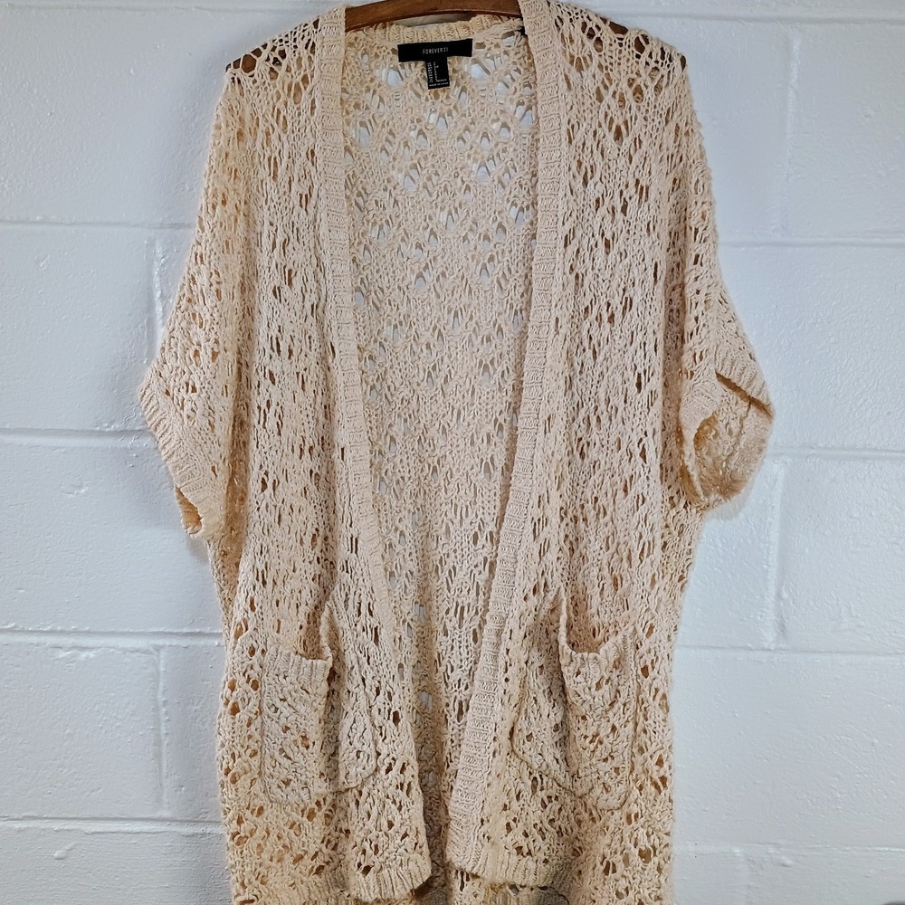 Forever 21 Beige Crochet Open-Front Cardigan